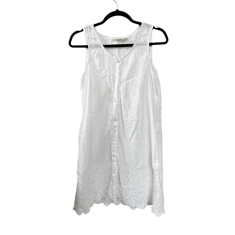 ST. TROPEZ WEST White Cotton Sleeveless Button Front Embroidered Nightgown S